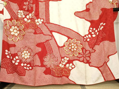平和屋着物●豪華振袖　絞り　駒刺繍　舞花桐文　正絹　逸品　AABD6432cs