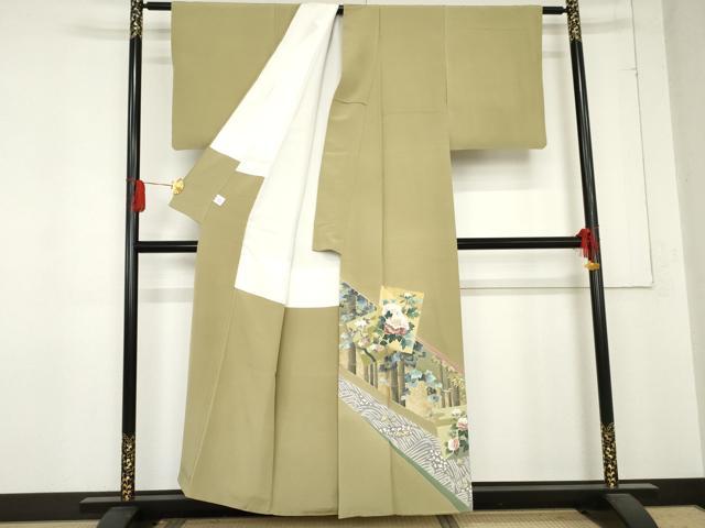 平和屋着物●十日町友禅作家　阿部佳雪　色留袖　笹竹　千鳥　色紙風景花文　金彩　正絹　逸品　AABD6439cs