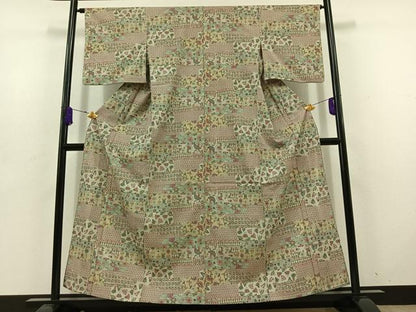 平和屋着物▽上質な小紋 単衣 横段花文 正絹 逸品 AABD6454jh