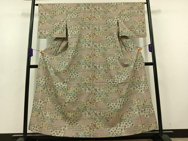 平和屋着物▽上質な小紋 単衣 横段花文 正絹 逸品 AABD6454jh