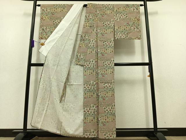 平和屋着物▽上質な小紋 単衣 横段花文 正絹 逸品 AABD6454jh