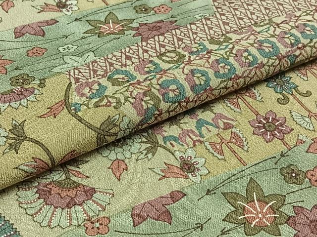 平和屋着物▽上質な小紋 単衣 横段花文 正絹 逸品 AABD6454jh