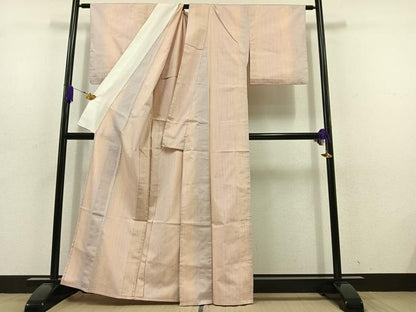 平和屋着物▽上質な紬 単衣 縞 正絹 逸品 AABD6456jh