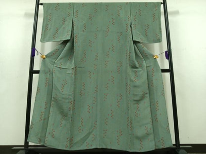 平和屋着物▽上質な小紋　単衣　草花文　鬼しぼ縮緬　正絹　逸品　AABD6457jh