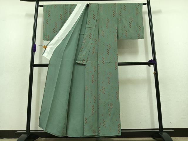 平和屋着物▽上質な小紋　単衣　草花文　鬼しぼ縮緬　正絹　逸品　AABD6457jh