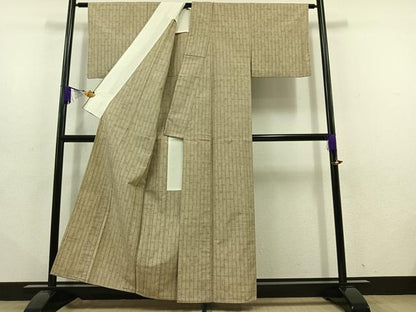 平和屋着物▽上質な紬 単衣 縞 正絹 逸品 AABD6459jh