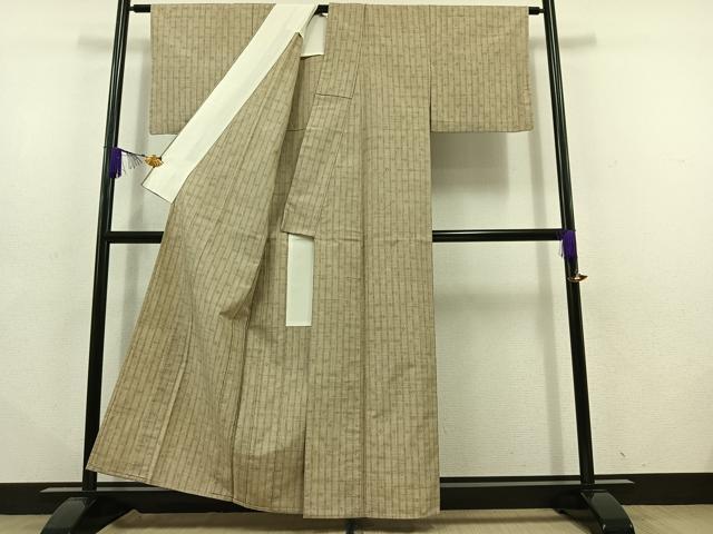 平和屋着物▽上質な紬 単衣 縞 正絹 逸品 AABD6459jh