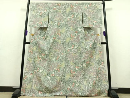 平和屋着物▽上質な小紋 単衣 手描き 草花文 ロング丈 正絹 逸品 AABD6466jh