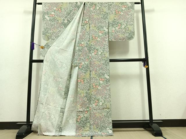 平和屋着物▽上質な小紋 単衣 手描き 草花文 ロング丈 正絹 逸品 AABD6466jh