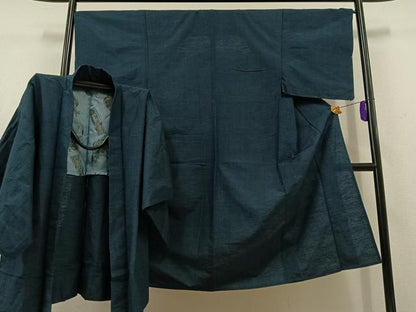 平和屋着物▽男性 紬 単衣 アンサンブル 青藍色 正絹 逸品 AABD6469jh