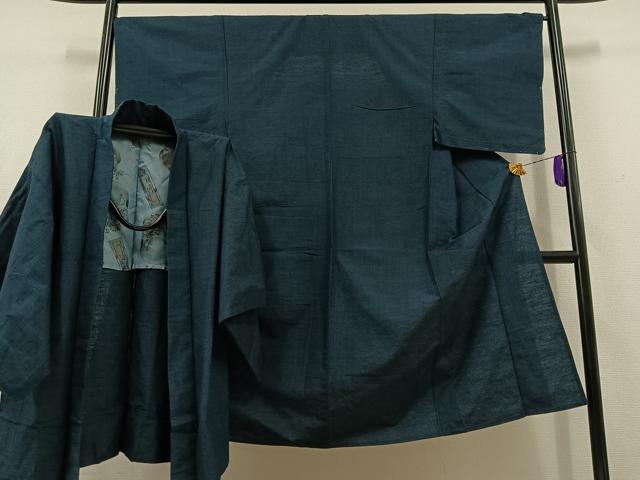 平和屋着物▽男性 紬 単衣 アンサンブル 青藍色 正絹 逸品 AABD6469jh