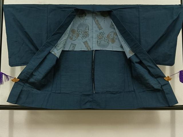 平和屋着物▽男性 紬 単衣 アンサンブル 青藍色 正絹 逸品 AABD6469jh