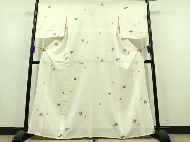 平和屋着物▽上質な小紋 単衣 総刺繍 花鳥文 梟 金糸 正絹 逸品 AABD6470jh