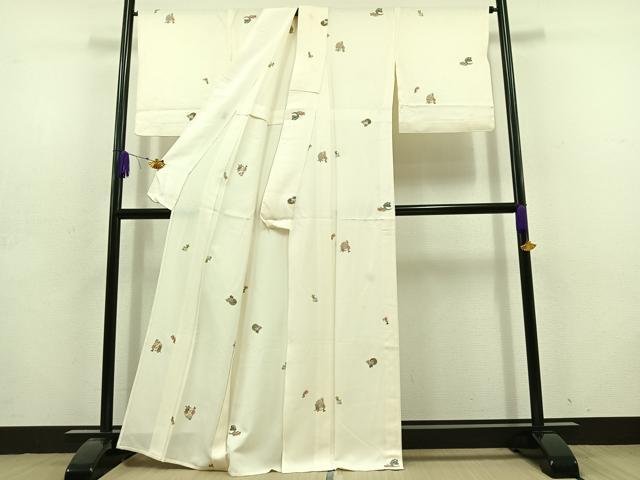平和屋着物▽上質な小紋 単衣 総刺繍 花鳥文 梟 金糸 正絹 逸品 AABD6470jh