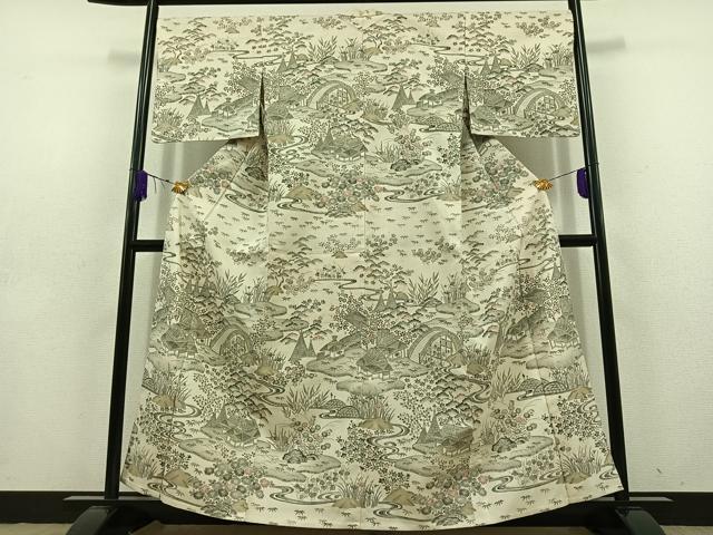 平和屋着物▽訪問着 単衣 紬地 風景花文 正絹 逸品 AABD6471jh