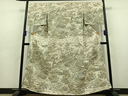 平和屋着物▽訪問着　単衣　紬地　風景花文　正絹　逸品　AABD6471jh