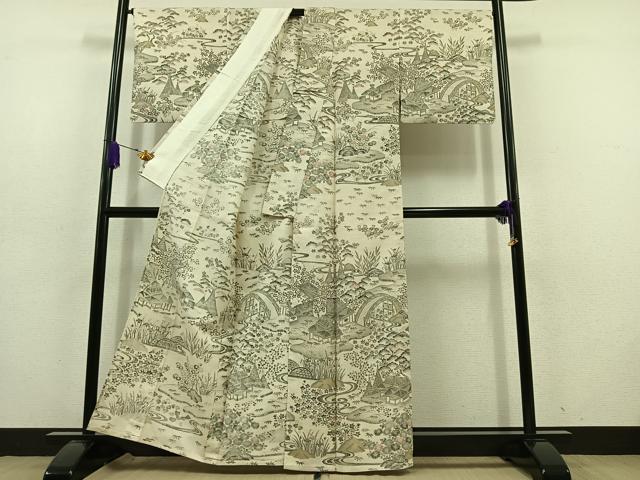 平和屋着物▽訪問着　単衣　紬地　風景花文　正絹　逸品　AABD6471jh 平和屋着物▽訪問着 単衣 紬地 風景花文 正絹 逸品 AABD6471jh
