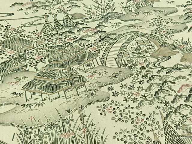 平和屋着物▽訪問着　単衣　紬地　風景花文　正絹　逸品　AABD6471jh 平和屋着物▽訪問着 単衣 紬地 風景花文 正絹 逸品 AABD6471jh