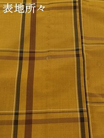 平和屋着物▽本場黄八丈 平織 紬 単衣 格子 証紙付き 正絹 逸品