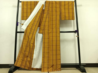 平和屋着物▽本場黄八丈　平織　紬　単衣　格子　証紙付き　正絹　逸品　AABD6473jh