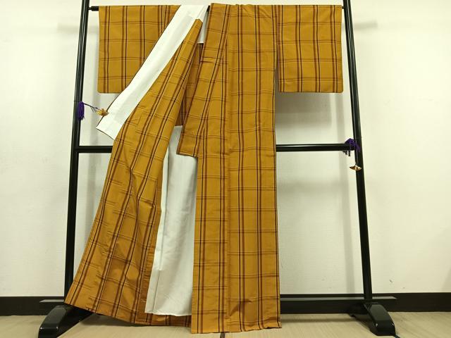 平和屋着物▽本場黄八丈　平織　紬　単衣　格子　証紙付き　正絹　逸品　AABD6473jh