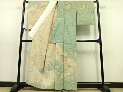 平和屋着物▽染織の名門 しょうざん 生紬 訪問着 単衣 扇面花鳥文 正絹 逸品 AABD6474jh