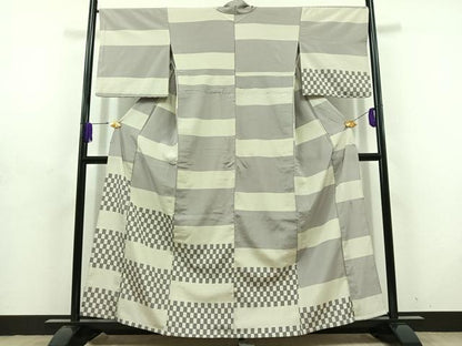 平和屋着物▽本塩沢 藤倉守正 訪問着 単衣 横段文 正絹 逸品 AABD6475jh