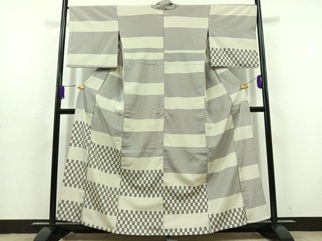 平和屋着物▽本塩沢 藤倉守正 訪問着 単衣 横段文 正絹 逸品 AABD6475jh