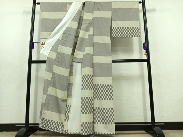 平和屋着物▽本塩沢 藤倉守正 訪問着 単衣 横段文 正絹 逸品 AABD6475jh