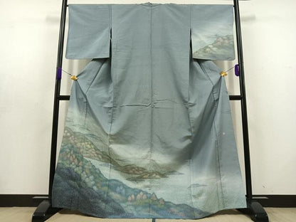 平和屋着物▽石川県指定無形文化財 牛首紬 白山工房 手織り 訪問着 単衣 風景文 正絹 逸品 AABD6476jh