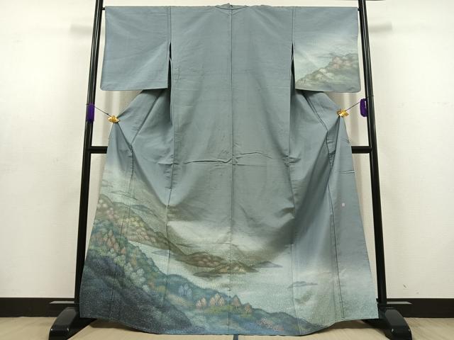 平和屋着物▽石川県指定無形文化財 牛首紬 白山工房 手織り 訪問着 単衣 風景文 正絹 逸品 AABD6476jh