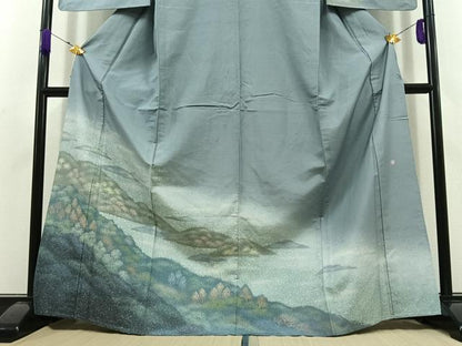 平和屋着物▽石川県指定無形文化財 牛首紬 白山工房 手織り 訪問着 単衣 風景文 正絹 逸品 AABD6476jh