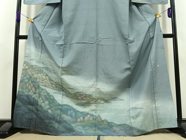 平和屋着物▽石川県指定無形文化財 牛首紬 白山工房 手織り 訪問着 単衣 風景文 正絹 逸品 AABD6476jh