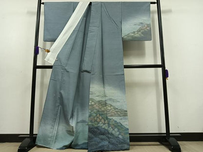 平和屋着物▽石川県指定無形文化財 牛首紬 白山工房 手織り 訪問着 単衣 風景文 正絹 逸品 AABD6476jh