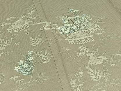 平和屋着物▽訪問着 単衣 手描き 刺繍 風景花文 正絹 逸品 AABD6477jh