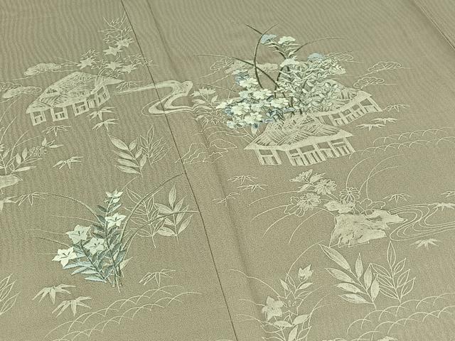 平和屋着物▽訪問着 単衣 手描き 刺繍 風景花文 正絹 逸品 AABD6477jh