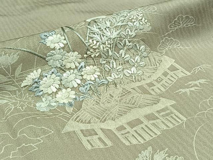 平和屋着物▽訪問着 単衣 手描き 刺繍 風景花文 正絹 逸品 AABD6477jh