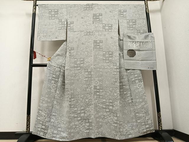 平和屋着物●山岡古都・古都染人　染織美術品　薬墨染　天目織　お召　草花地紋　反端付き　正絹　逸品　未使用　AABD6495ph