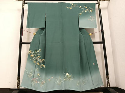 平和屋着物●訪問着　友禅　作家物　枝花に休み鳥　暈し染め　正絹　逸品　AABD6519ph