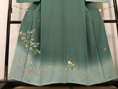 平和屋着物●訪問着　友禅　作家物　枝花に休み鳥　暈し染め　正絹　逸品　AABD6519ph
