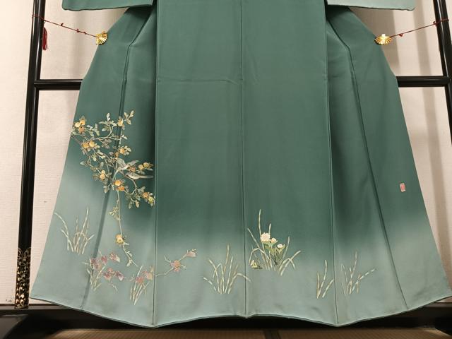 平和屋着物●訪問着　友禅　作家物　枝花に休み鳥　暈し染め　正絹　逸品　AABD6519ph