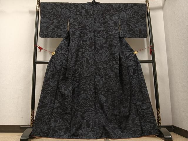 平和屋着物○本場結城紬 重要無形文化財 100亀甲 渡り橋草花籬