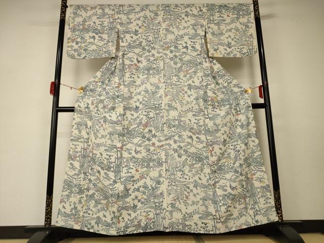 平和屋着物＊夏物　小紋　絽　型染め　花鳥文　正絹　逸品　AABD6568jd