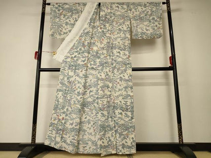 平和屋着物＊夏物　小紋　絽　型染め　花鳥文　正絹　逸品　AABD6568jd
