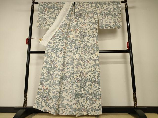平和屋着物＊夏物　小紋　絽　型染め　花鳥文　正絹　逸品　AABD6568jd