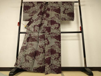 平和屋着物＊夏物 紗紬 扇子草花文 正絹 逸品 未使用 AABD6590jd