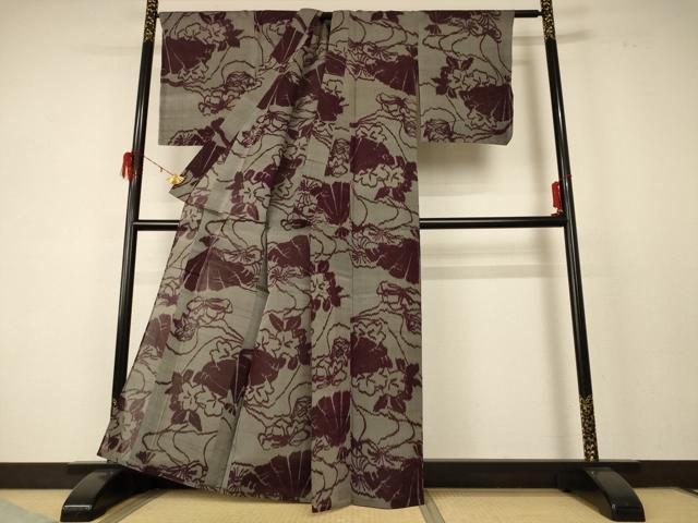 平和屋着物＊夏物 紗紬 扇子草花文 正絹 逸品 未使用 AABD6590jd