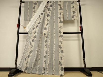 平和屋着物＊夏物 紗紬 花唐草間道 正絹 逸品 AABD6600jd