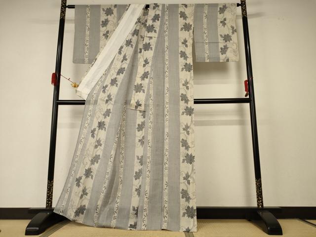 平和屋着物＊夏物 紗紬 花唐草間道 正絹 逸品 AABD6600jd