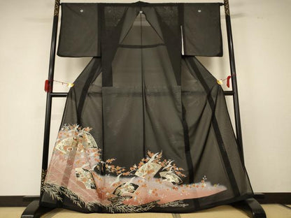 平和屋着物＊夏物 黒留袖 絽 扇子花鳥文 金彩 洗える着物 AABD6617jd